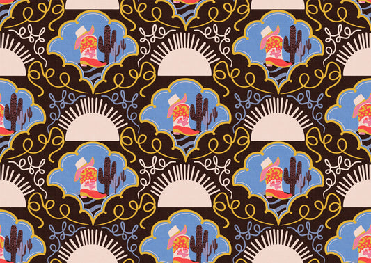 Wild West Whimsy – Red Boots & Cactus Wallpaper with Blue Sky & Sunset Tones on Rustic Brown for Western Playrooms & Bedrooms Wallpaper⁠