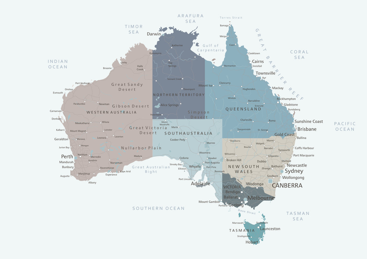 Australia Map Cities & Land Wall Mural in your room — zoomed