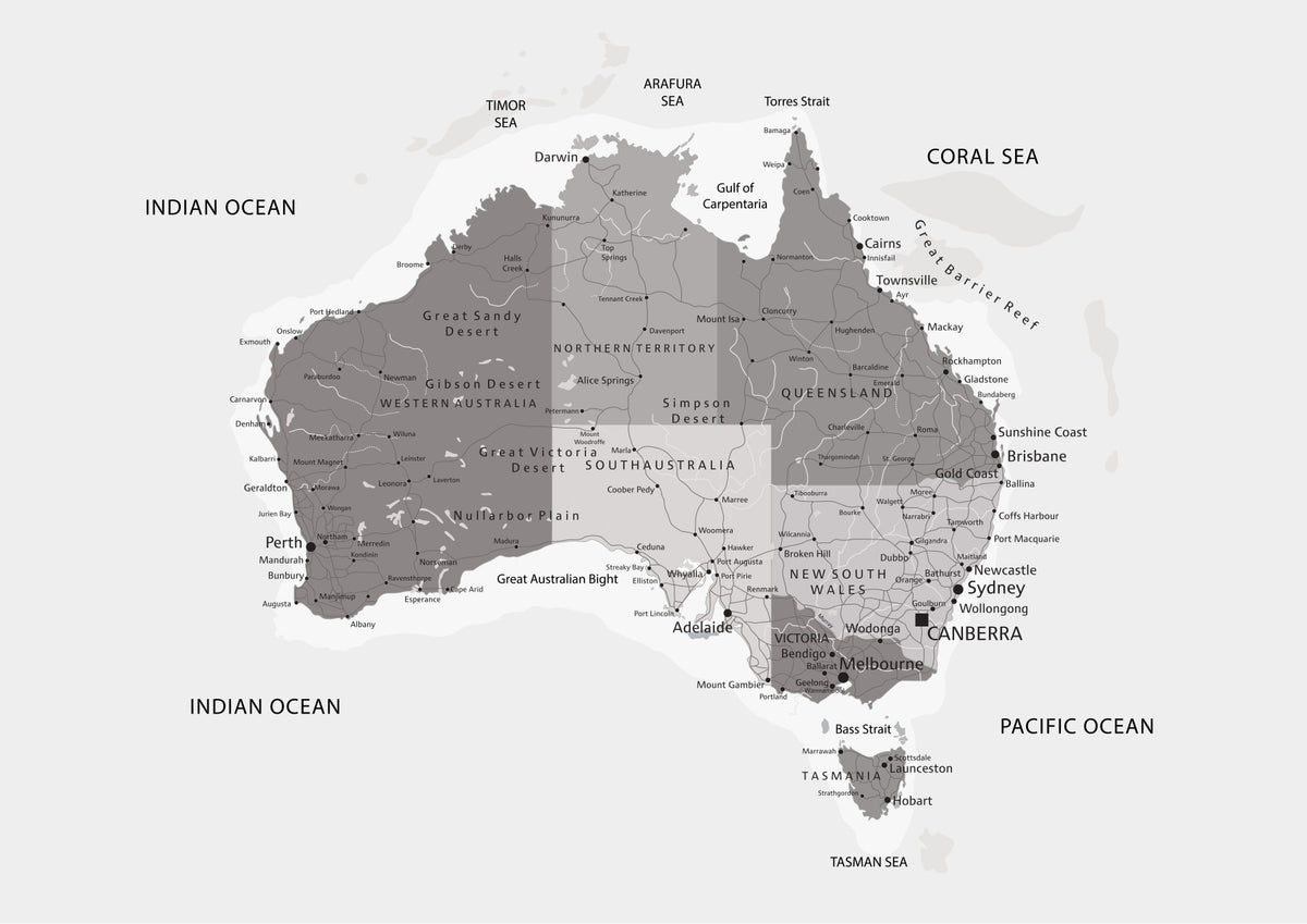 Down Under Map - Grayscale Wall Mural in your room — zoomed