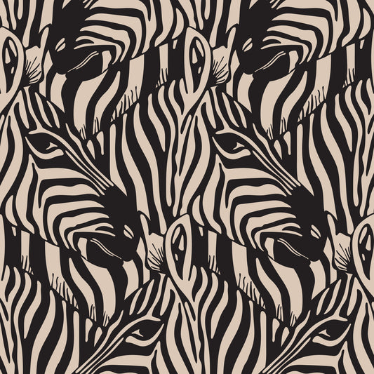 Zebra Herd Wild Animal Stripes Black Warm Beige Wallpaper⁠