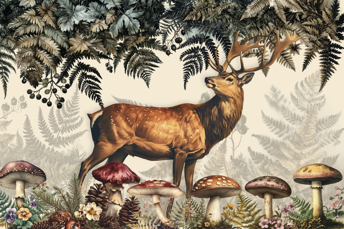 Vintage Woodland Forest Stag Deer Wall Mural in your room — zoomed