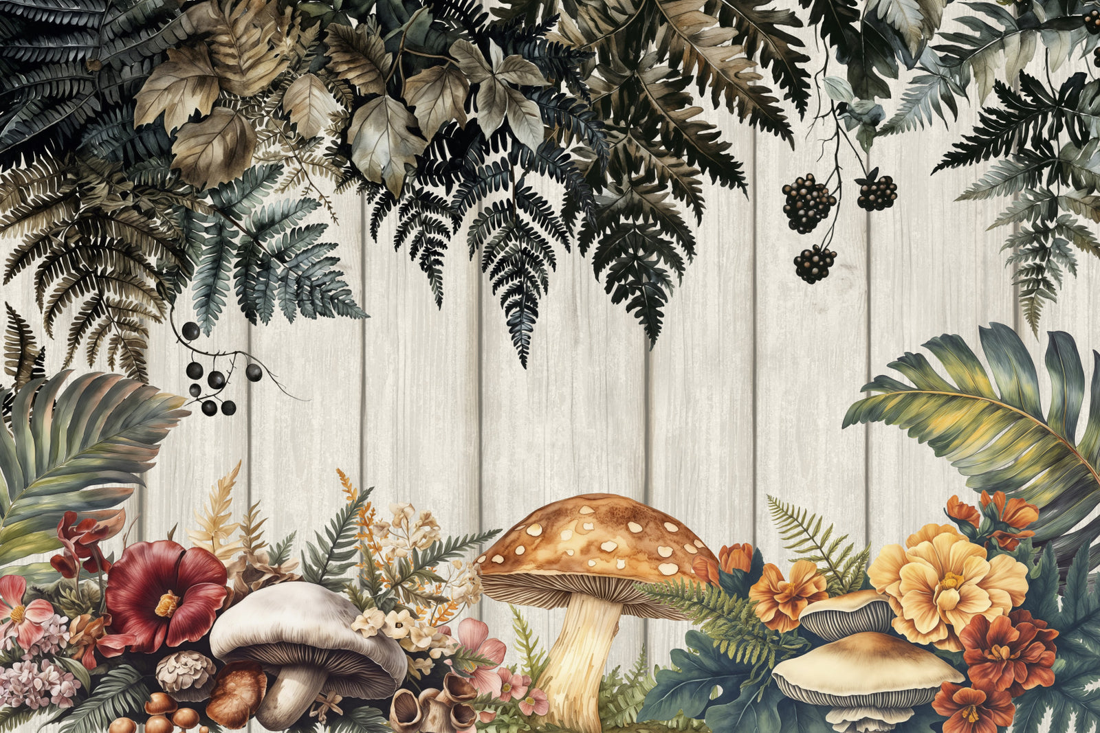 Woodland Vibes Fern Forest Mushrooms Wall Mural