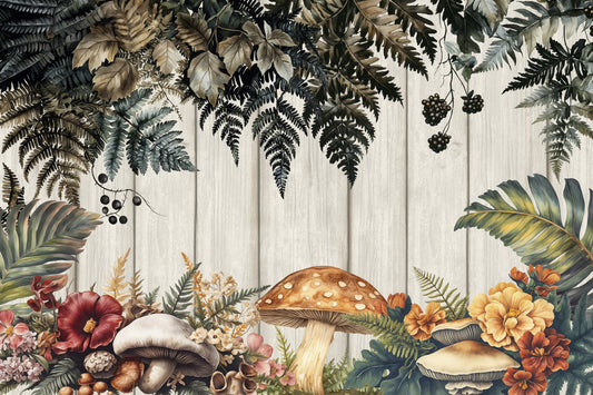 Woodland Vibes Fern Forest Mushrooms Wall Mural