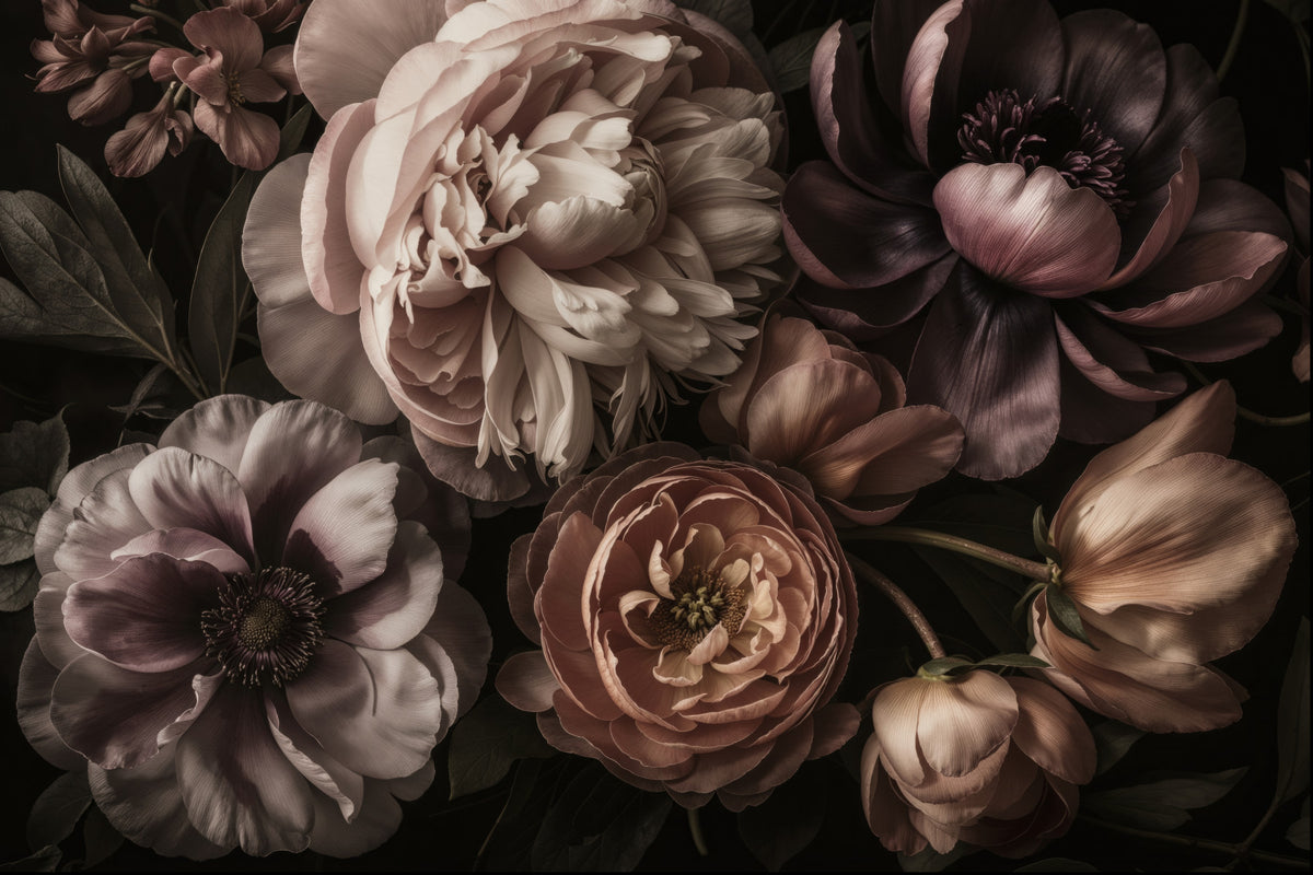 Dark Moody Baroque Blooms  Smoke Pink Peach Wall Mural in your room — zoomed