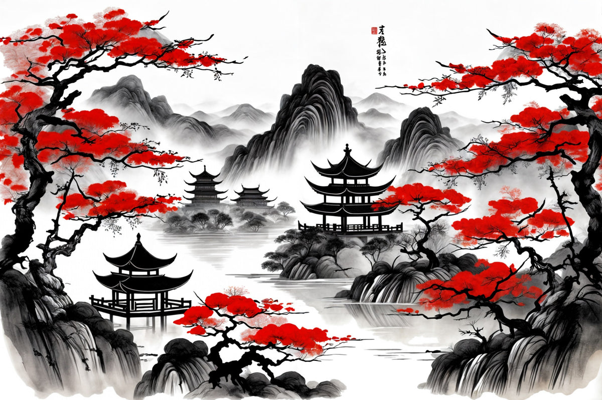 Red Bloom Pagoda Wall Mural