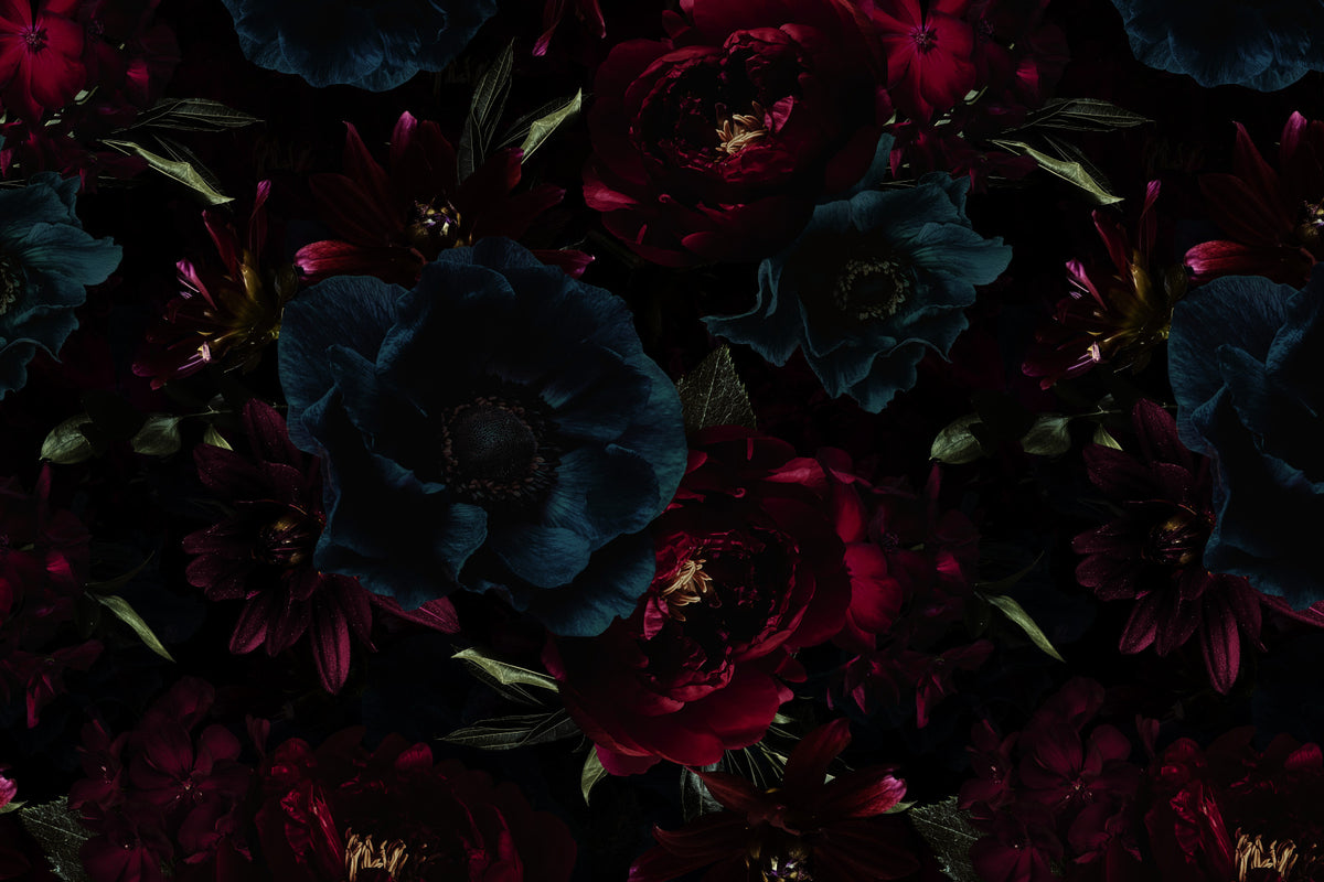 Gothic Peonies and Midnight Garden Flowers with Dark Moody Elegance Wall Mural in your room — zoomed