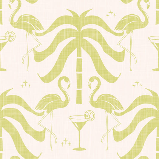 Tropical Palm Springs Flamingo Beige Avocado  Wallpaper⁠