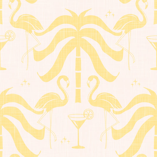 Tropical Palm Springs Flamingo Beige Butter Yellow Wallpaper⁠
