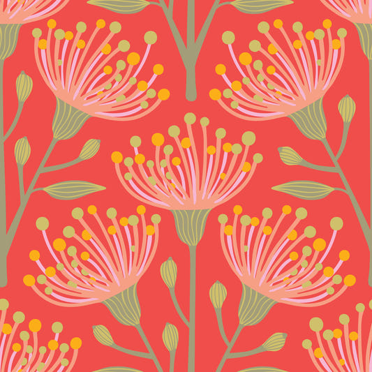 Eucalyptus Floral Botanical Yellow Green Pink Blush on Coral Orange Wallpaper⁠