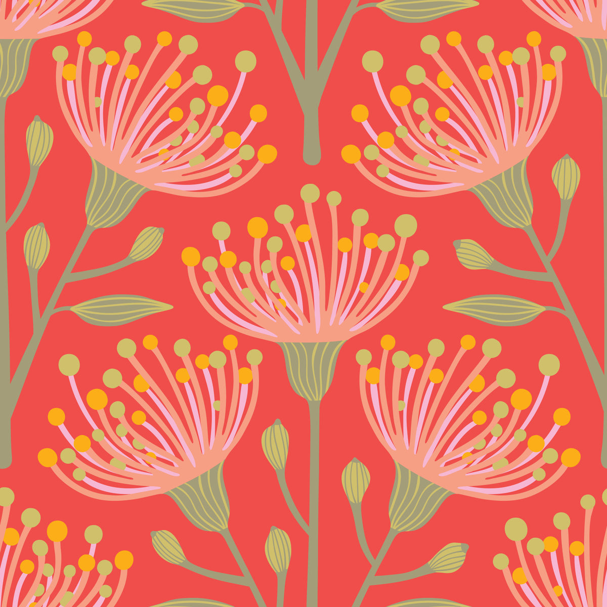 Eucalyptus Floral Botanical Yellow Green Pink Blush on Coral Orange Wallpaper⁠ in your room — zoomed