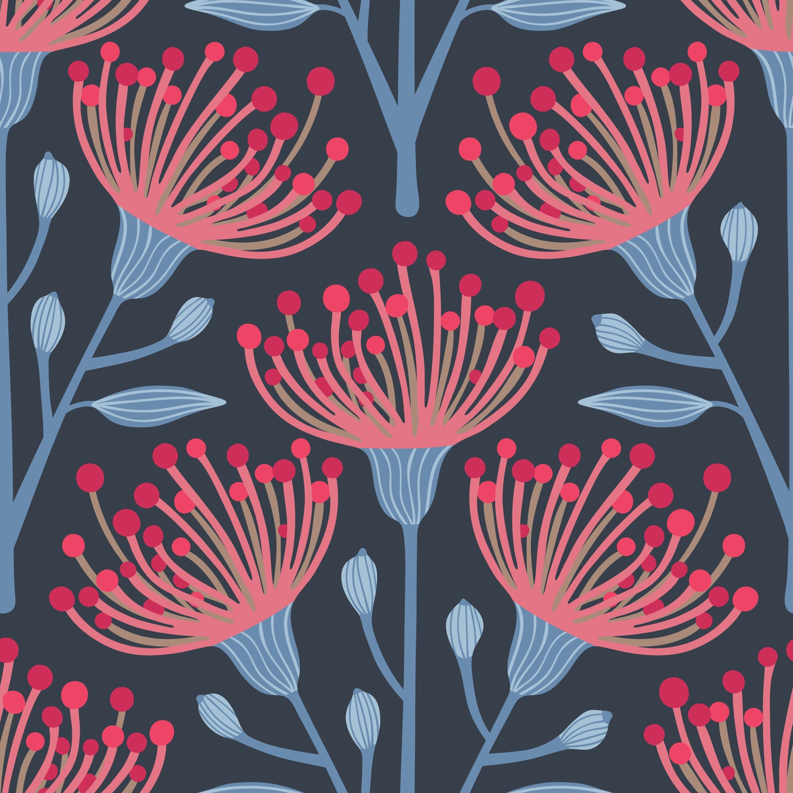 Eucalyptus Floral Botanical Red Pink Light Blue on Navy Blue Wallpaper⁠ in your room