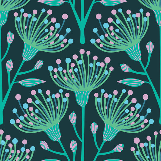 Eucalyptus Floral Botanical Aqua Turquoise Pink on Dark Teal Wallpaper⁠