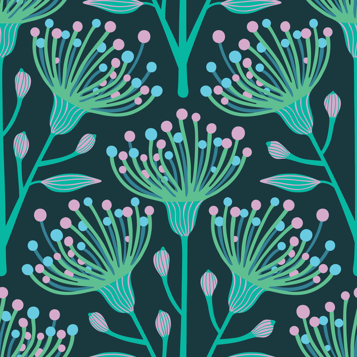 Eucalyptus Floral Botanical Aqua Turquoise Pink on Dark Teal Wallpaper⁠ in your room