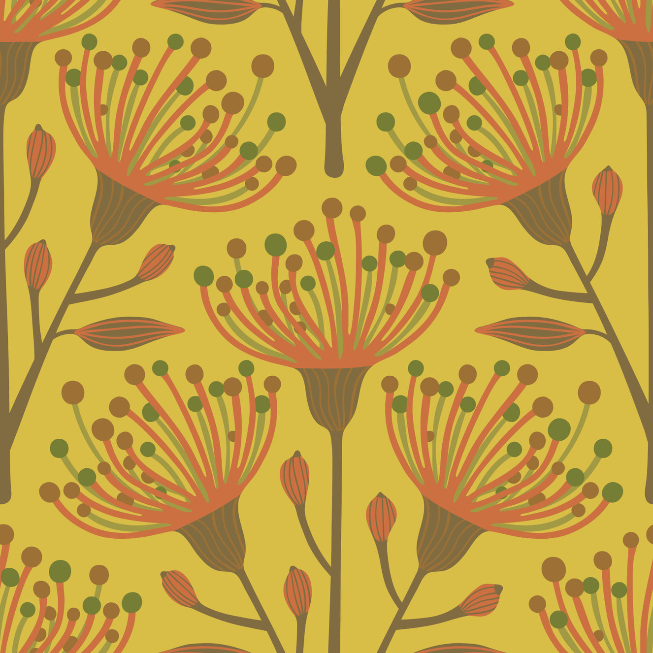 Eucalyptus Floral Botanical Earthy Brown Olive Green on Mustard Yellow Wallpaper⁠
