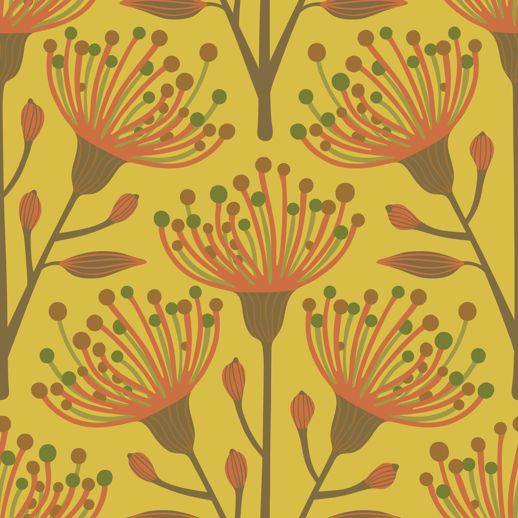 Eucalyptus Floral Botanical Earthy Brown Olive Green on Mustard Yellow Wallpaper⁠