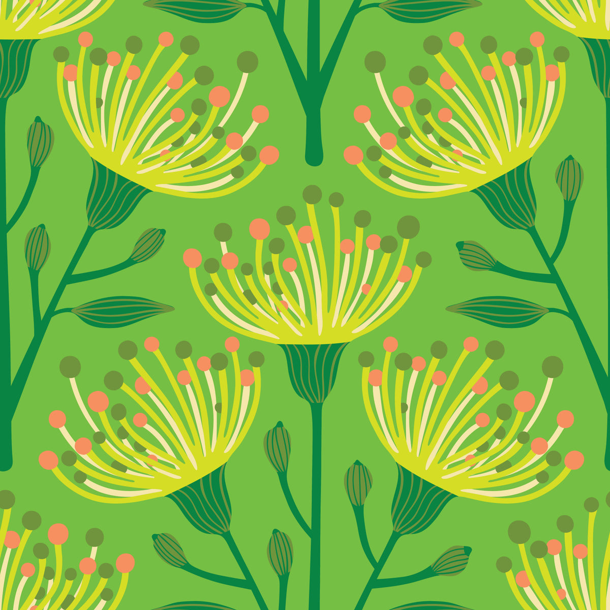 Eucalyptus Floral Botanical Dark Green Yellow Orange on Lime Green Wallpaper⁠ in your room