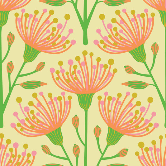 Eucalyptus Floral Botanical Summer Orange Pink Green on Creamy Yellow Wallpaper⁠