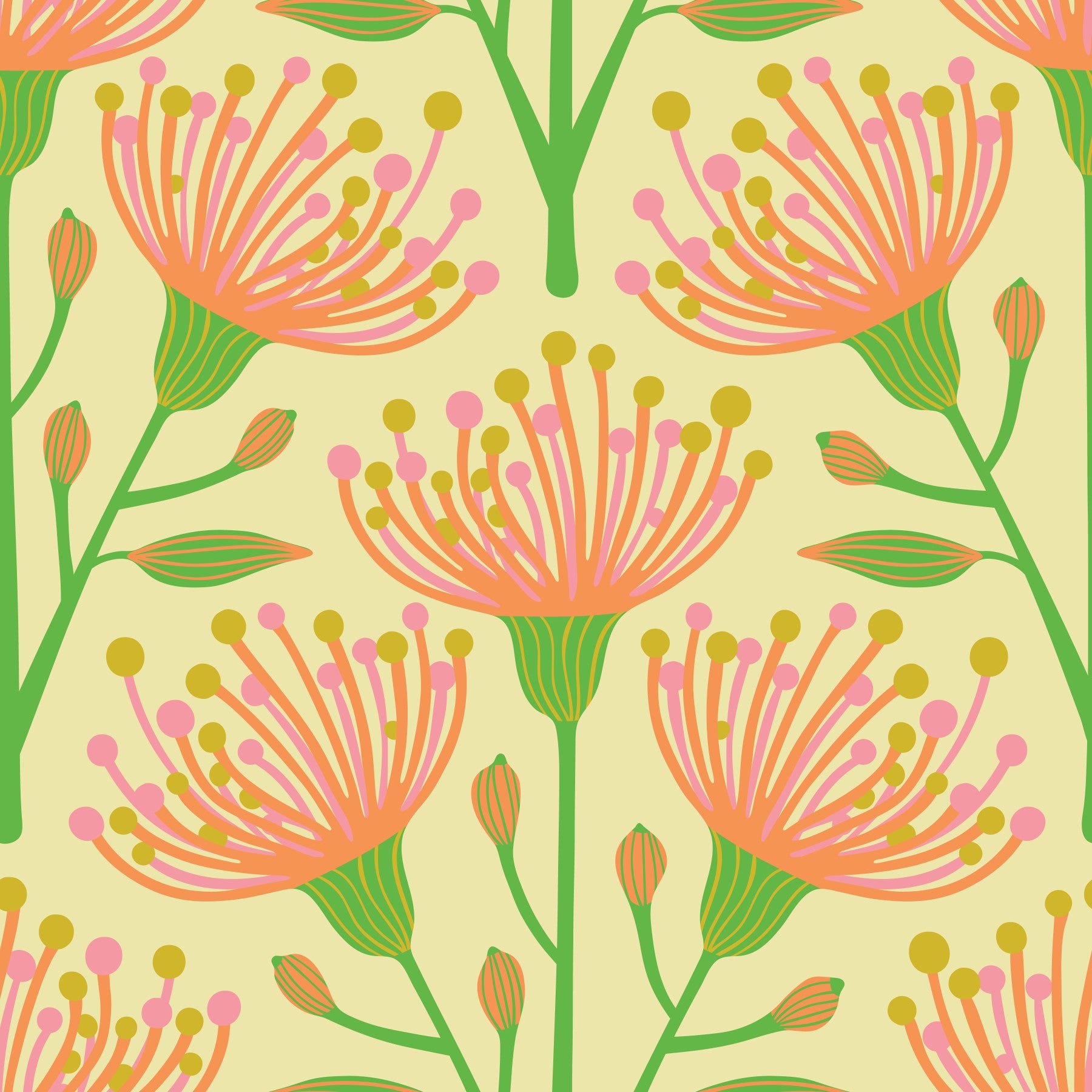 Eucalyptus Floral Botanical Summer Orange Pink Green on Creamy Yellow Wallpaper⁠
