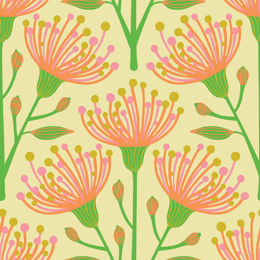 Eucalyptus Floral Botanical Summer Orange Pink Green on Creamy Yellow Wallpaper⁠