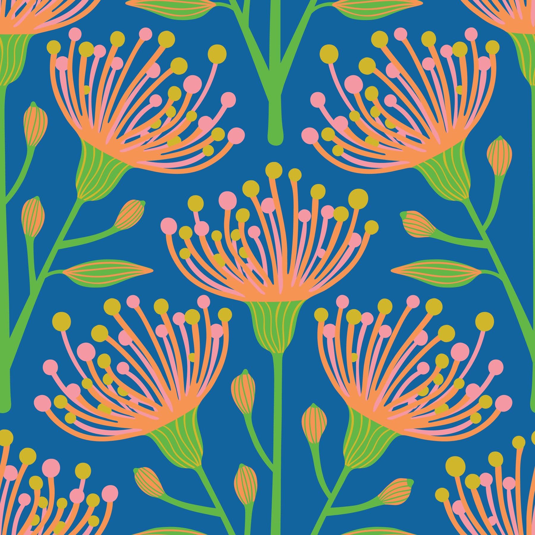 Eucalyptus Floral Botanical Summer Orange Pink Green on Royal Blue Wallpaper⁠ in your room — zoomed