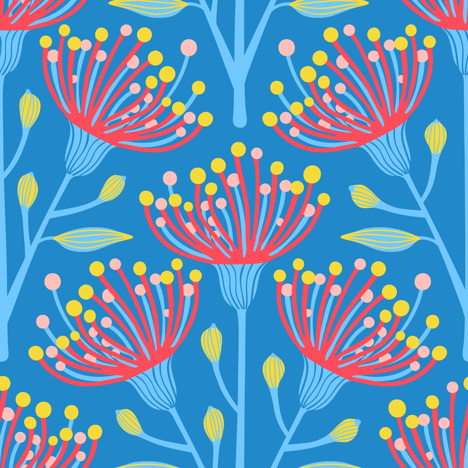 Eucalyptus Floral Botanical Icy Blue Red Yellow Pink on Bright Blue Wallpaper⁠ in your room