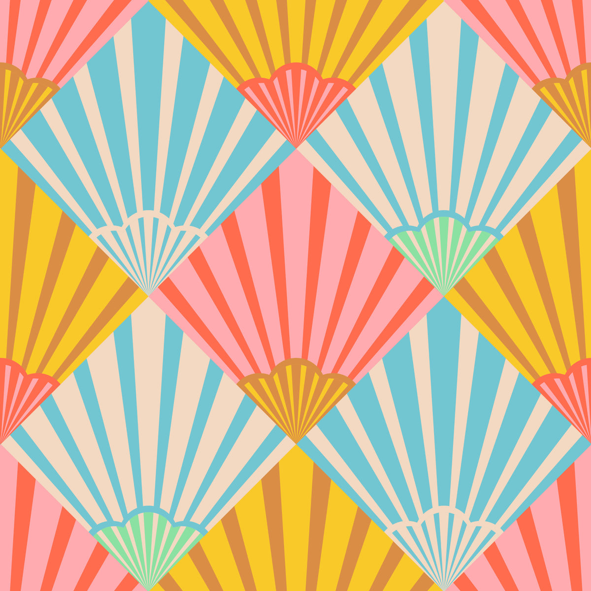 Sunrise Art Deco Vintage Abstract Geometric Mid Century Pastel Pink Blue Yellow Cream Wallpaper⁠