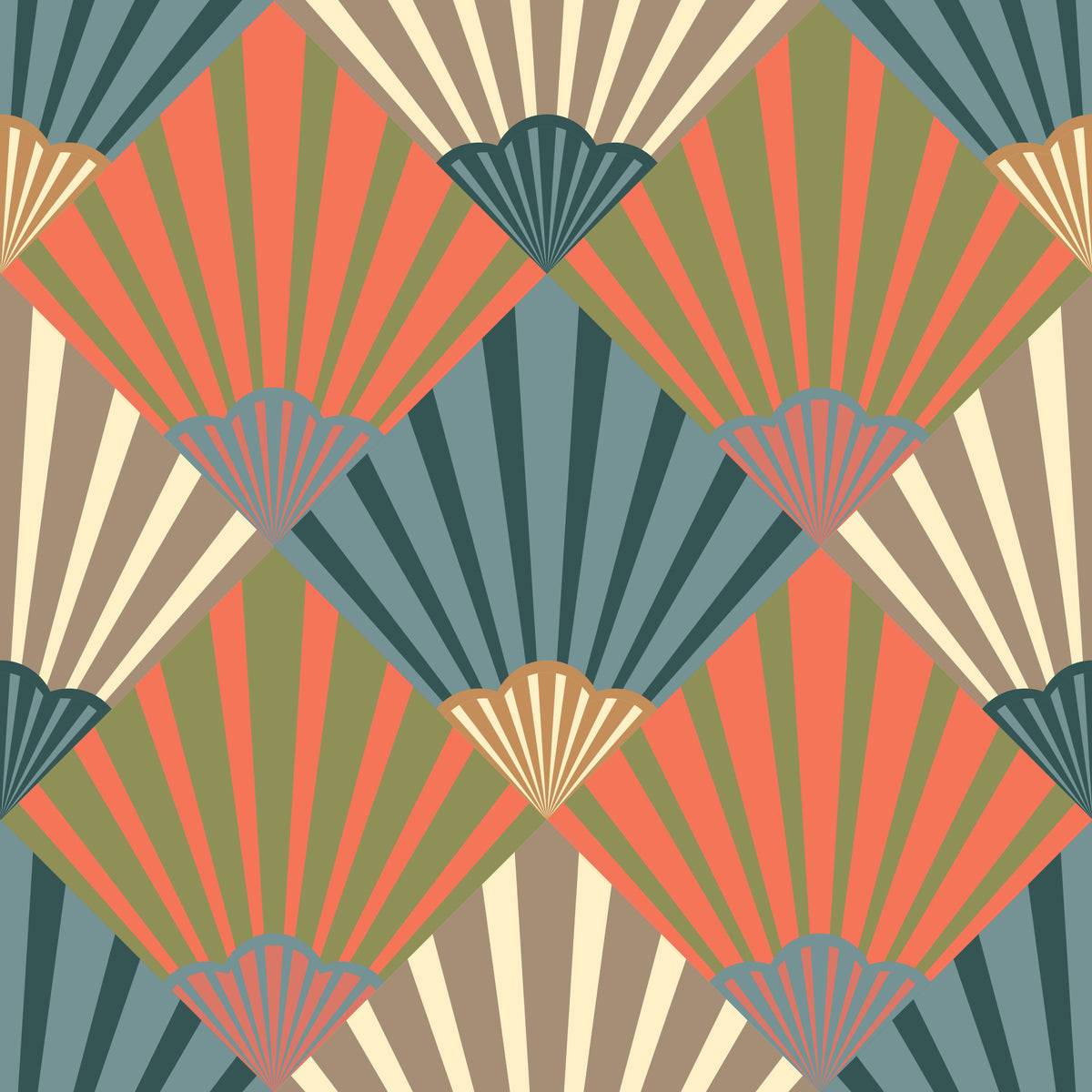 Sunrise Art Deco Vintage Abstract Geometric Elegant Navy Blue Orange Green Beige Cream Wallpaper⁠ in your room