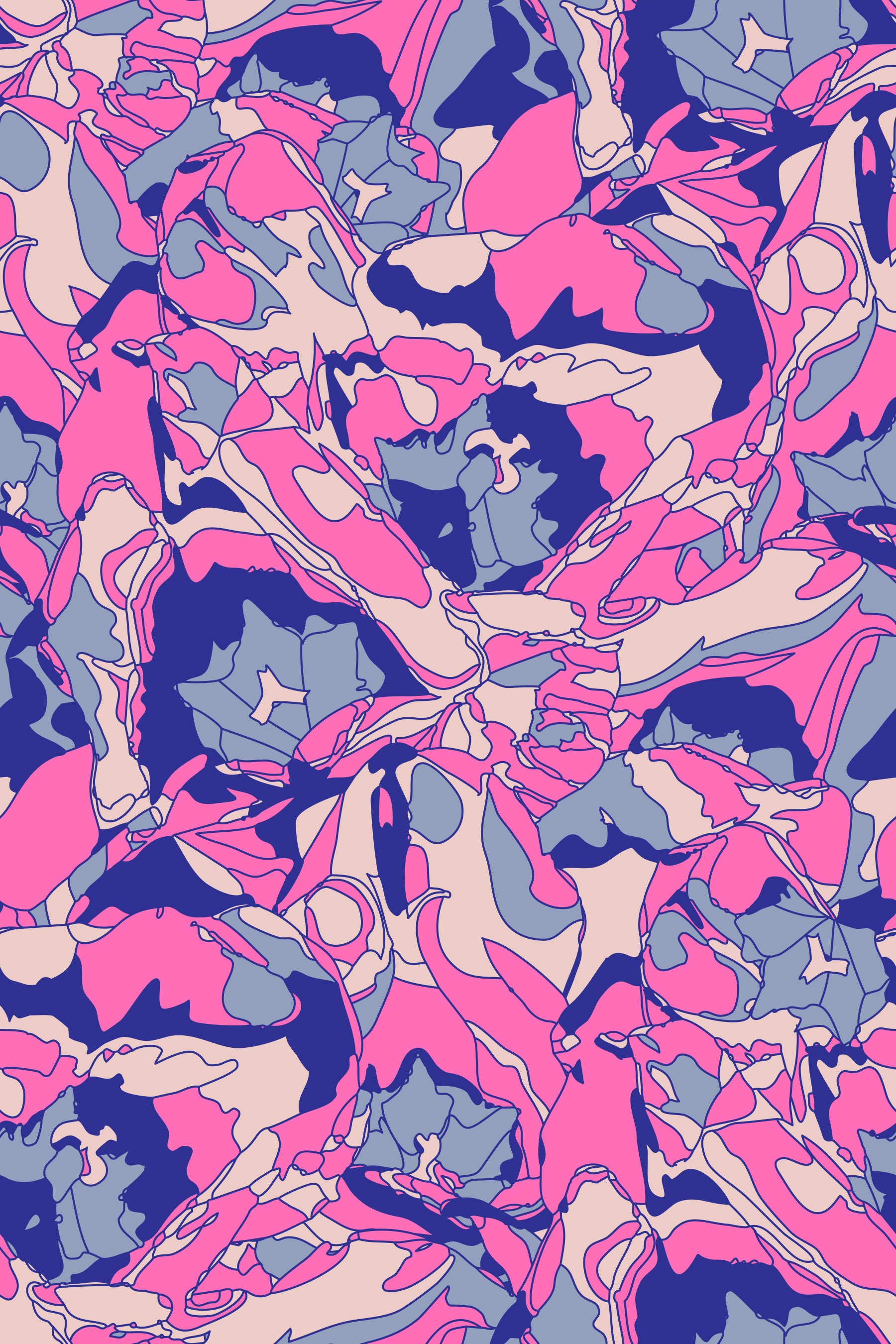 Tulip Dreams Abstract Retro Floral 1970s Vintage Fuchsia Pink Lavender Royal Blue Wallpaper⁠