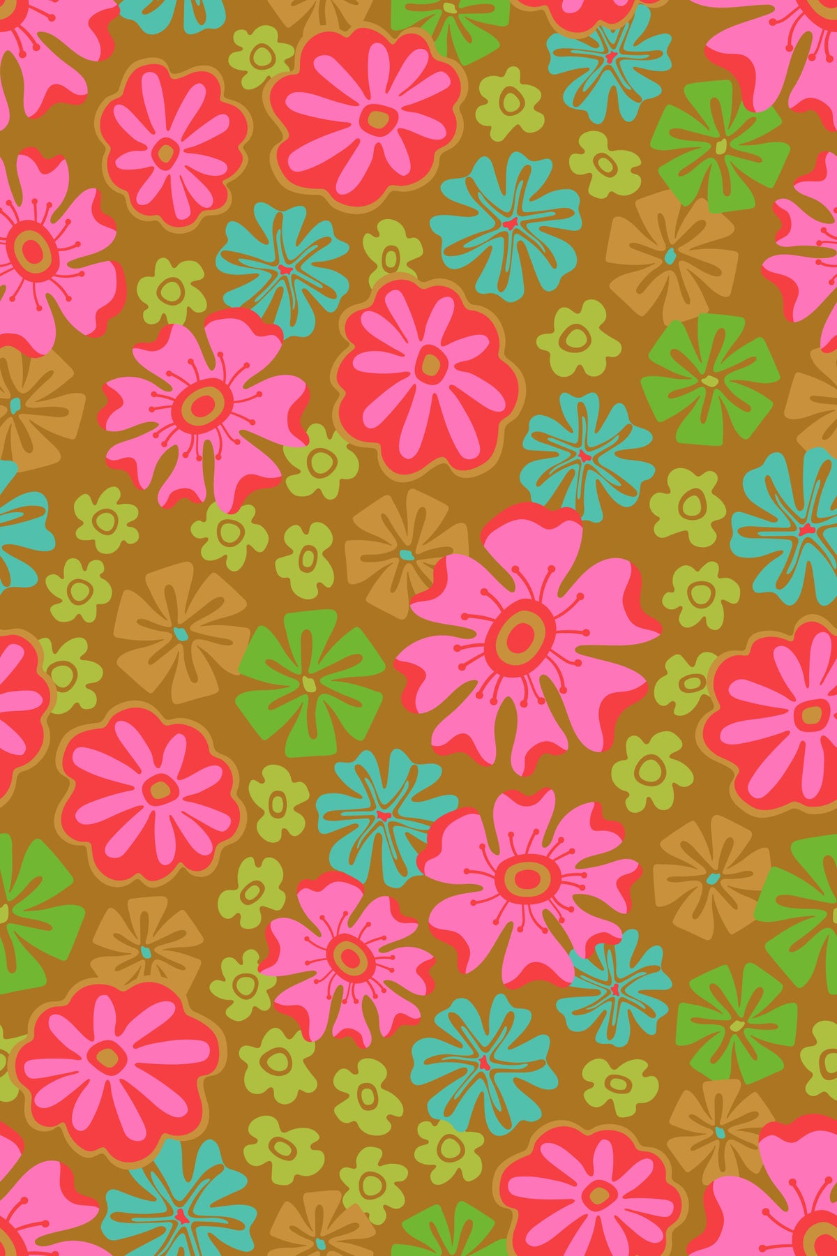 Lush Tropical Big Bloom Floral Bright Pink Red Green Blue Brown Wallpaper⁠ in your room