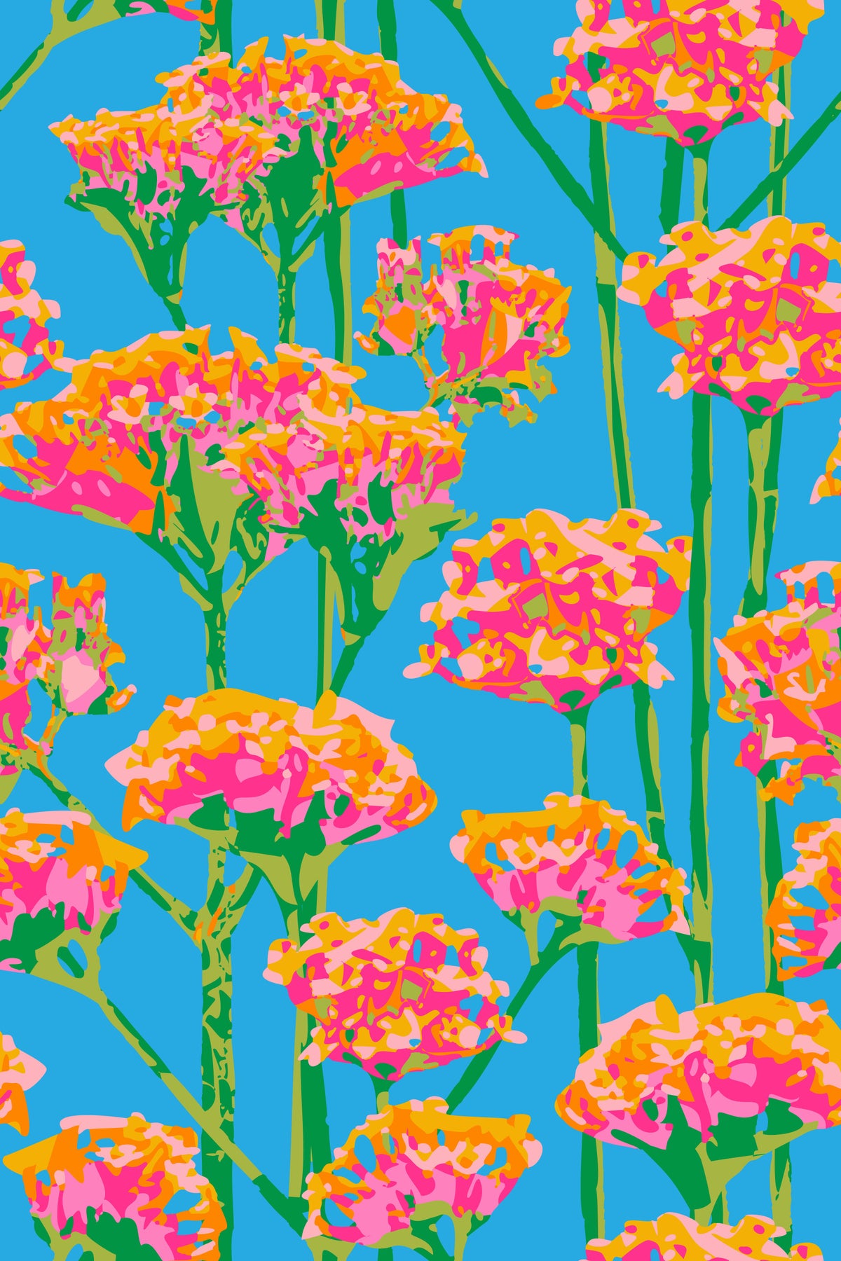 Sunshiney Abstract Floral Summer Bright Botanical Pink Orange Green Sky Blue Wallpaper⁠ in your room
