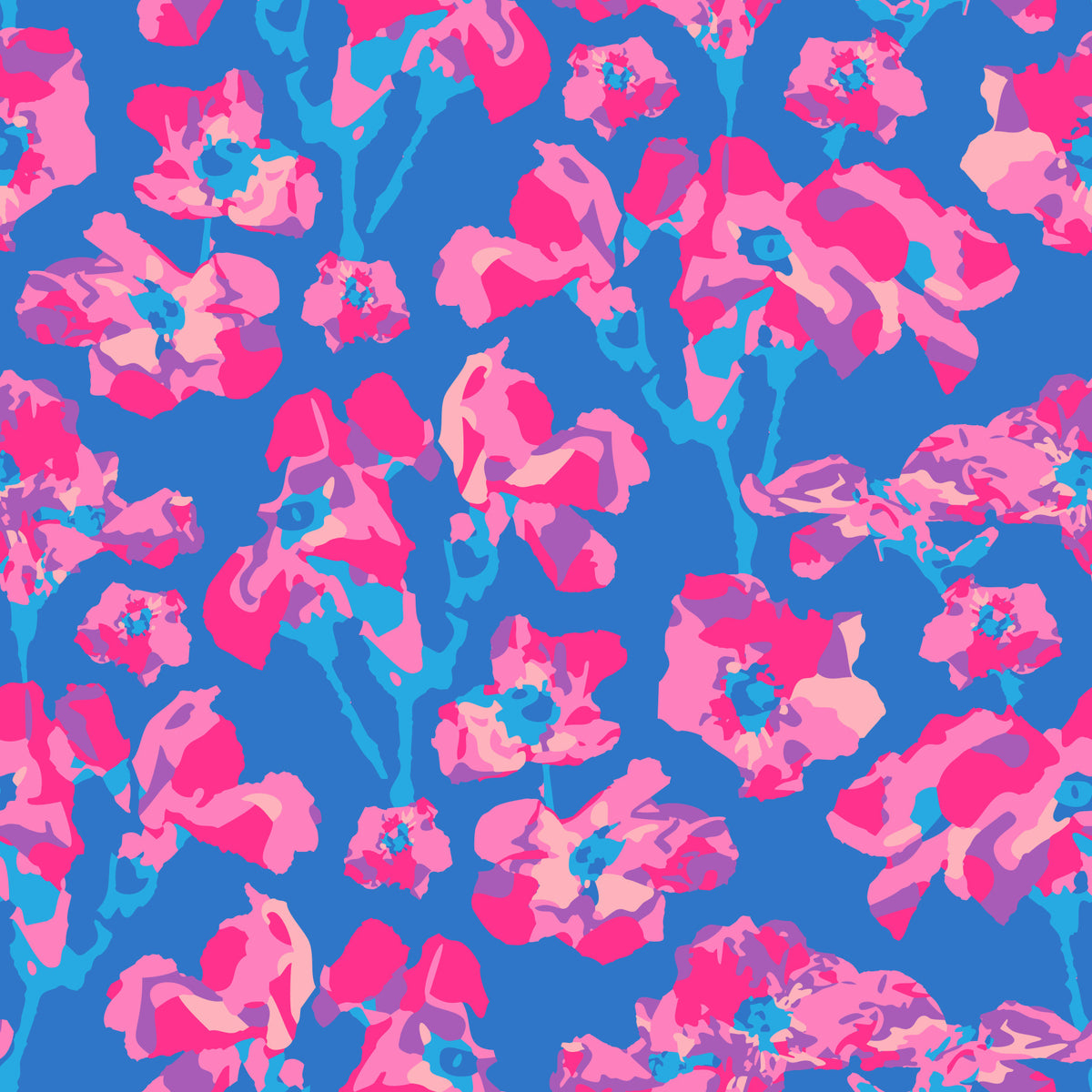 Wild Roses Abstract Floral Summer Bright Rose Garden Fuchsia Pink Blue Wallpaper⁠ in your room