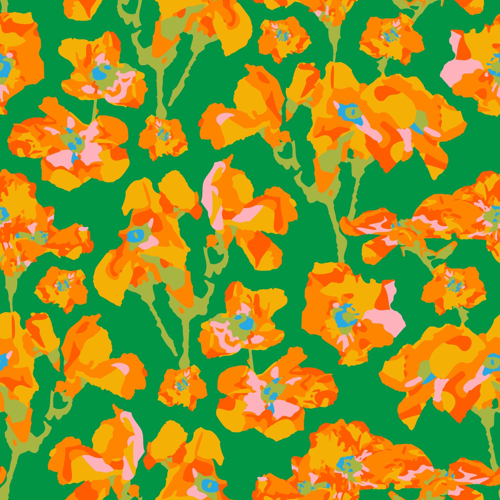 Wild Roses Abstract Floral Summer Bright Rose Garden Yellow Orange Blush Kelly Green Wallpaper⁠ in your room