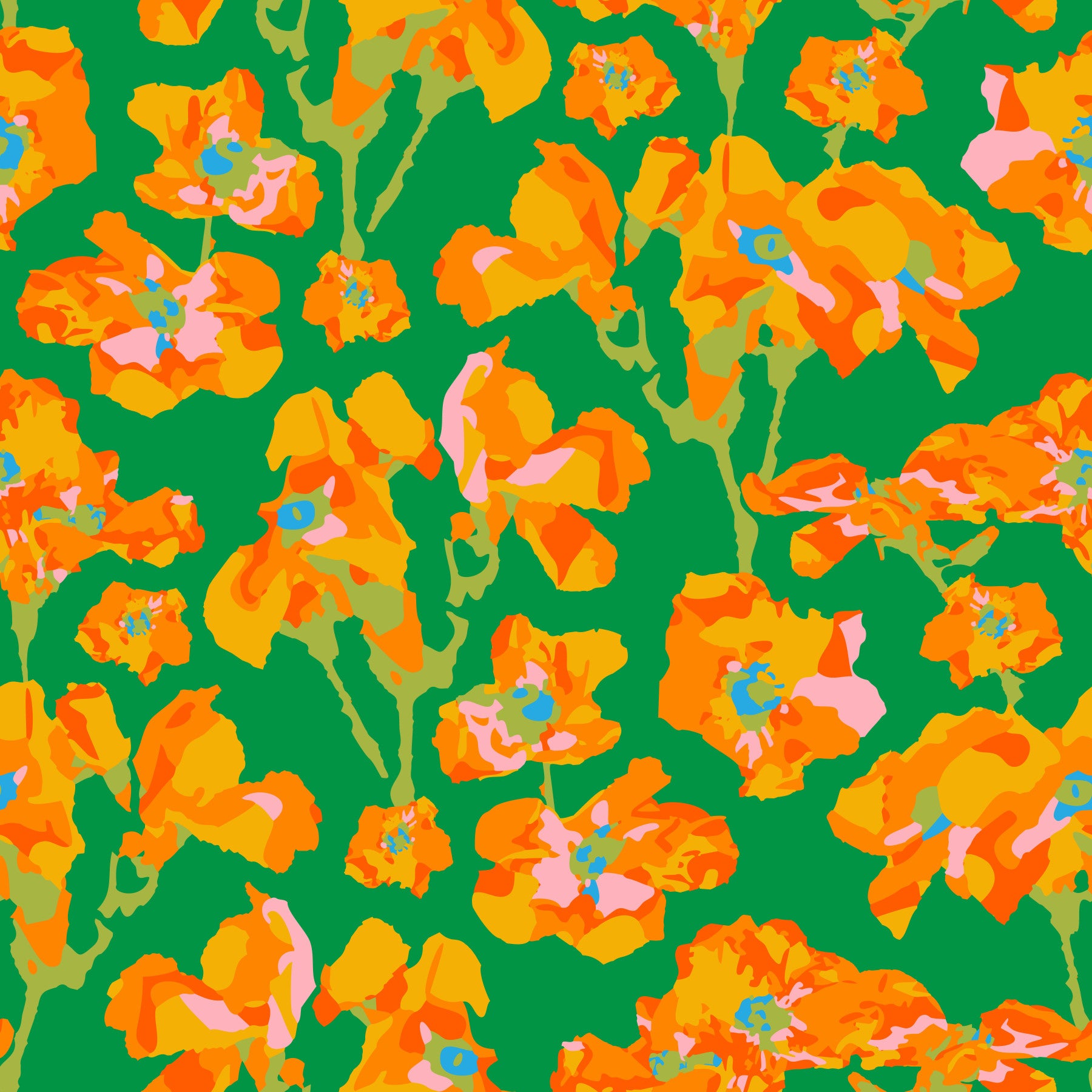 Wild Roses Abstract Floral Summer Bright Rose Garden Yellow Orange Blush Kelly Green Wallpaper⁠