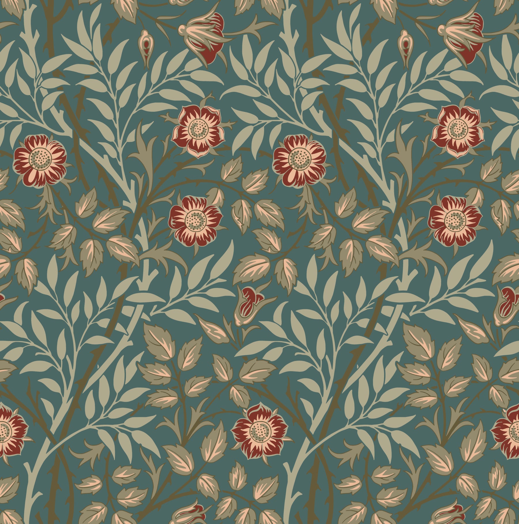 William Morris Sweet Briar Petrol Wallpaper⁠ in your room — zoomed