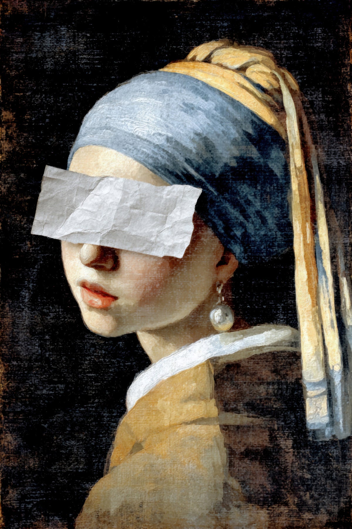 Vermeer’s Girl with Pearl Earring in Playful Disguise Wall Mural in your room — zoomed