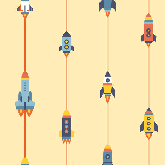 Mid-Century Modern Spaceships Rocket Space On Yellow Wallpaper⁠