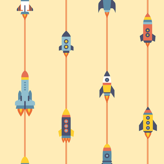 Mid-Century Modern Spaceships Rocket Space On Yellow Wallpaper⁠