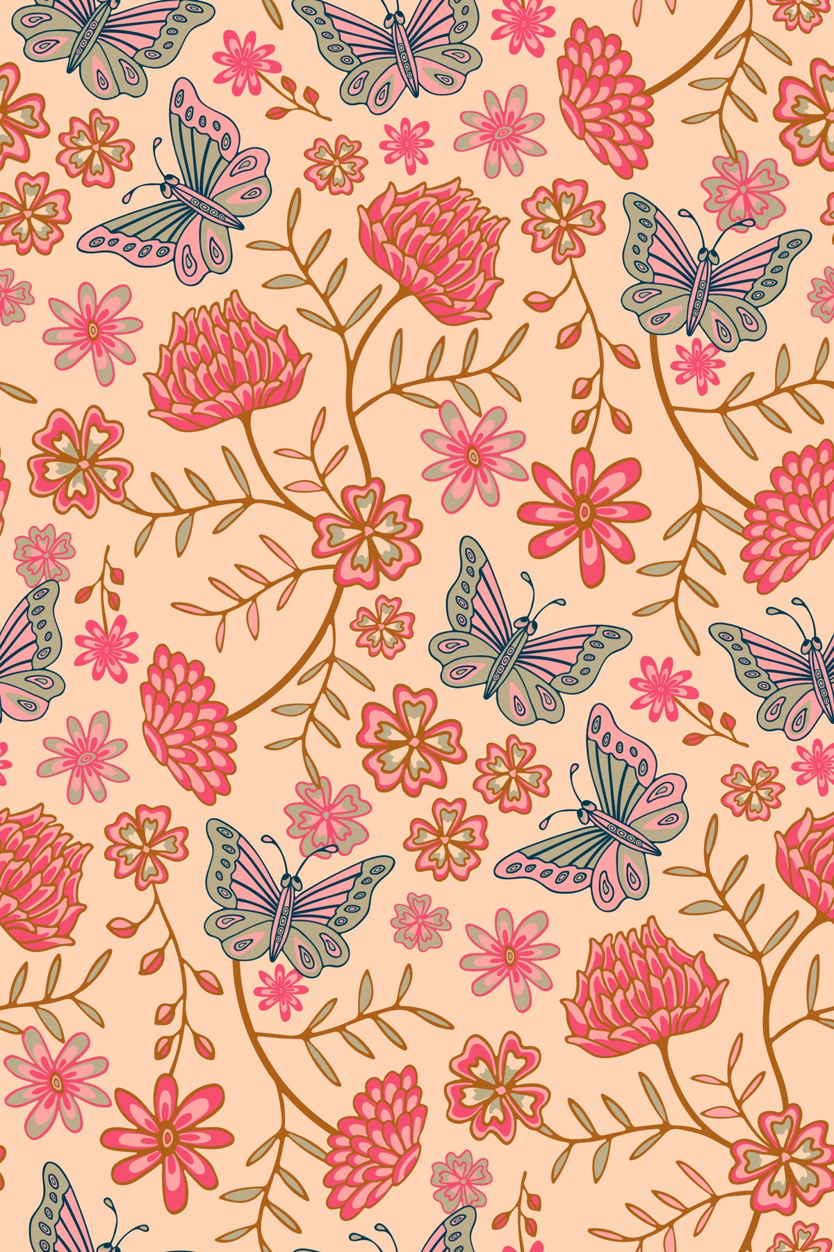 Darling Butterfly Floral Cottagecore Pink Red Blue  Wallpaper⁠