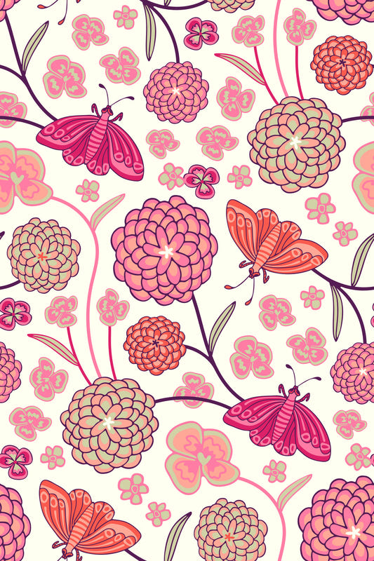 Precious Butterfly Floral Botanical Cottagecore Pink Coral Orange Blush Wallpaper⁠