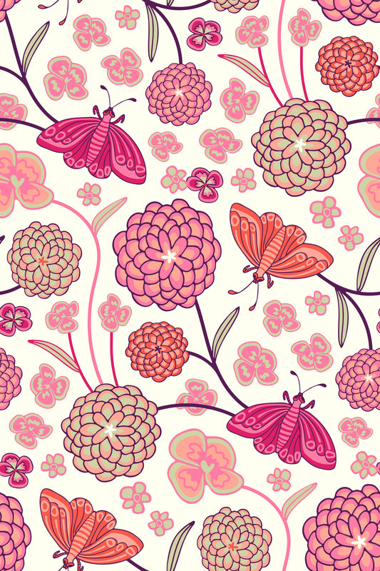 Precious Butterfly Floral Botanical Cottagecore Pink Coral Orange Blush Wallpaper⁠