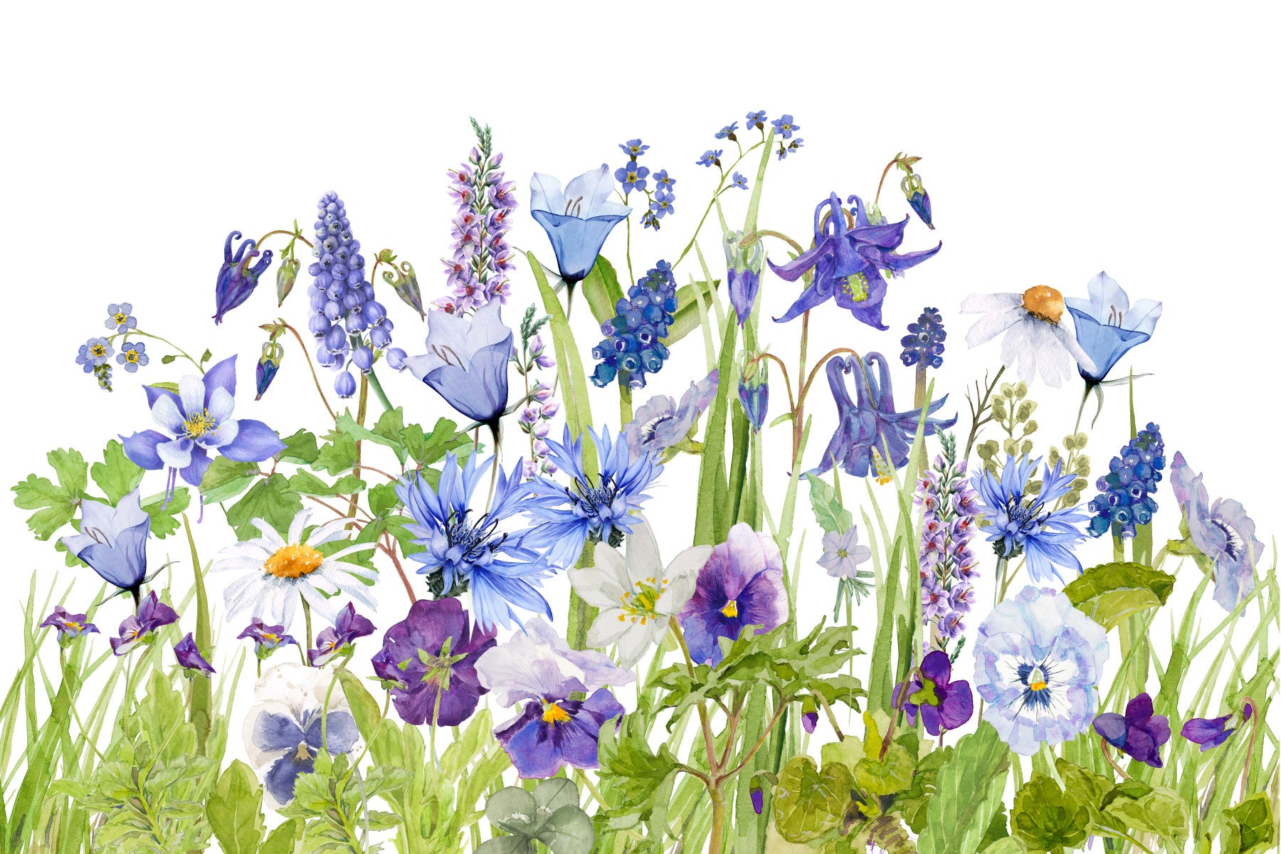 Blue Watercolor Wildflower Meadow Wall Mural