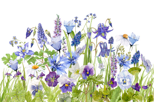 Blue Watercolor Wildflower Meadow Wall Mural