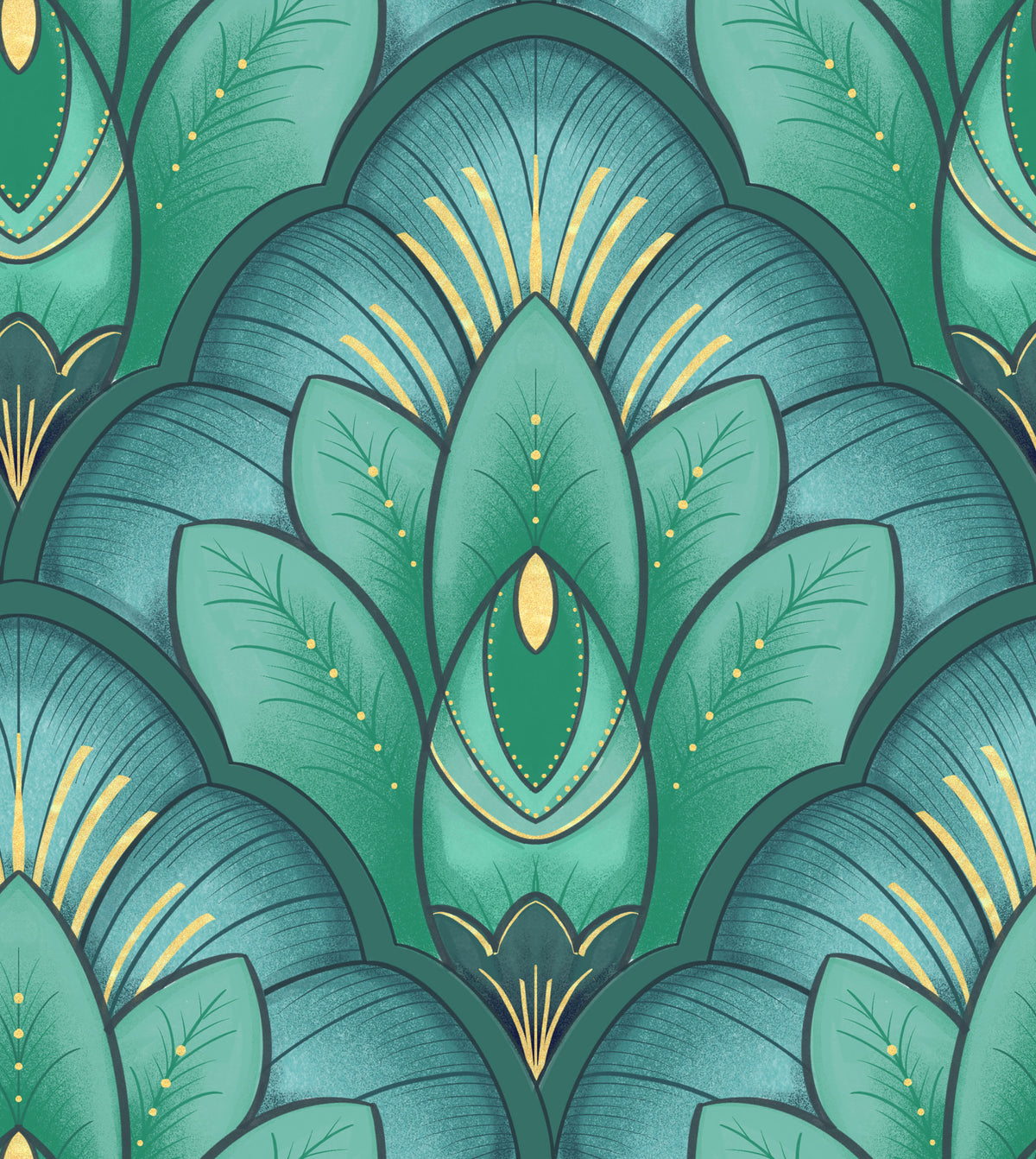 Art Deco Emerald Lotus Wallpaper⁠ in your room