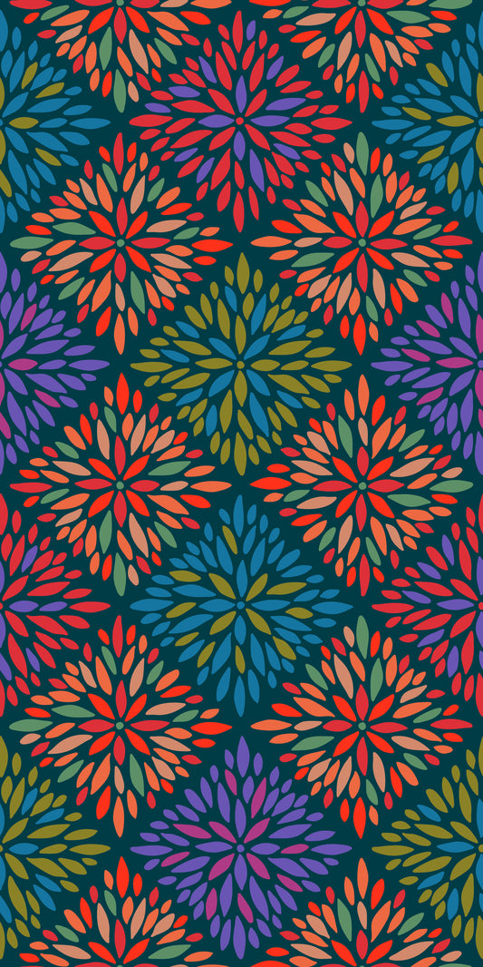Dahlia Diamonds Bohemian Floral Damask Tiles Bright Jewel Tones on Dark Teal  Wallpaper⁠