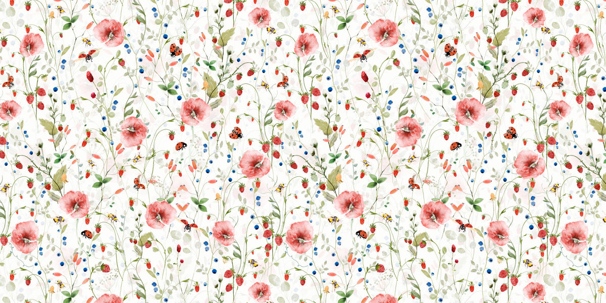 Scandinavian Watercolor Poppies Strawberries and Wild Berries Wall Mural in your room