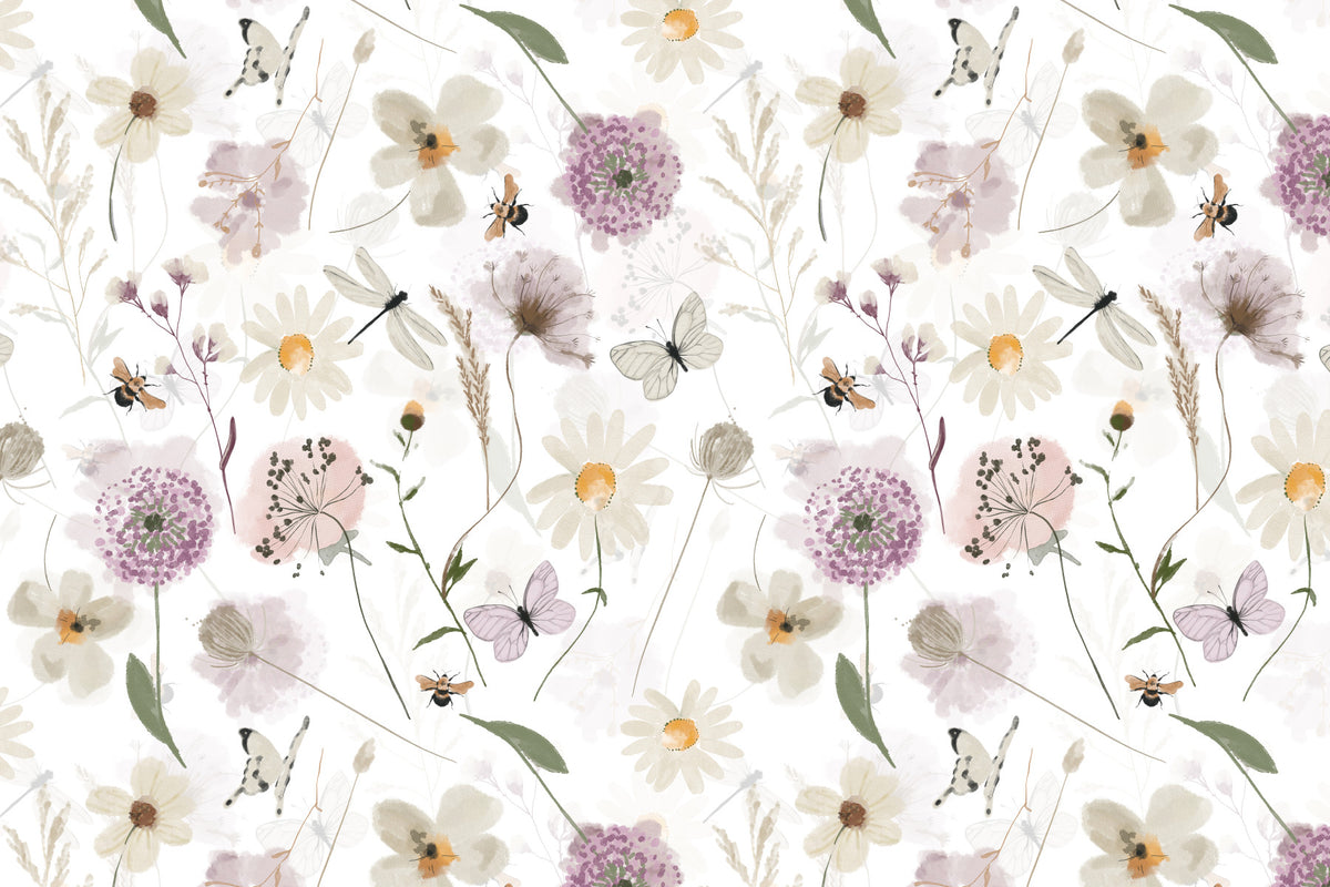 Scandinavian Watercolor Meadow Flowers with Bees and Butterflies Wall Mural in your room — zoomed