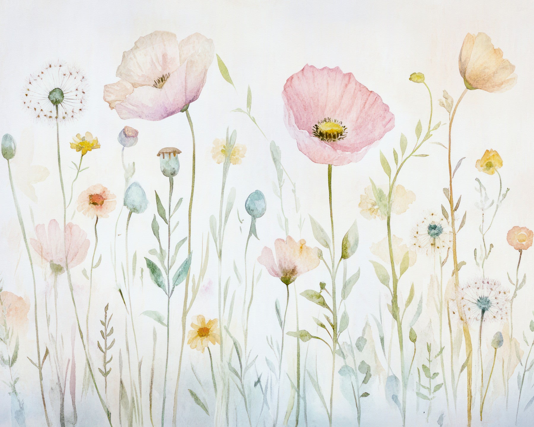 Scandinavian Watercolor Meadow Poppies with Gentle Wildflowers Wall Mural