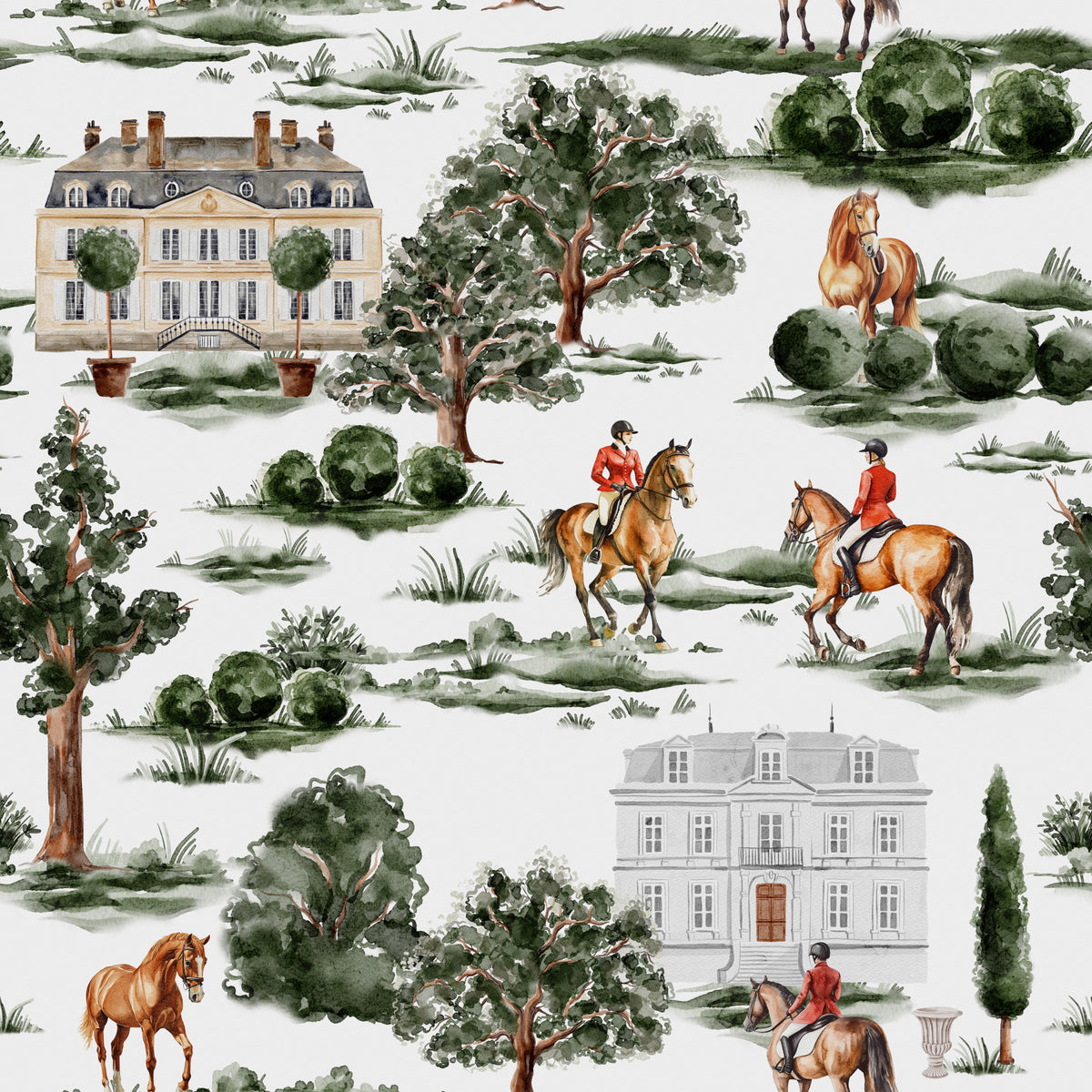 Equestrian riders with horses and British country manor Wallpaper⁠ in your room