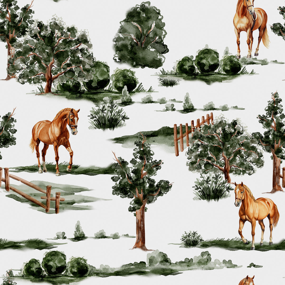 British countryside horses grazing among trees and fences Wallpaper⁠ in your room — zoomed