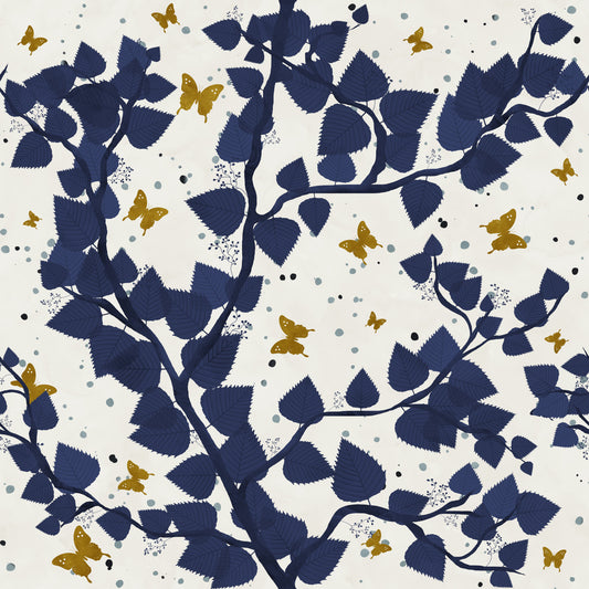 Gold and Deep Blue Butterflies Tree Wallpaper⁠